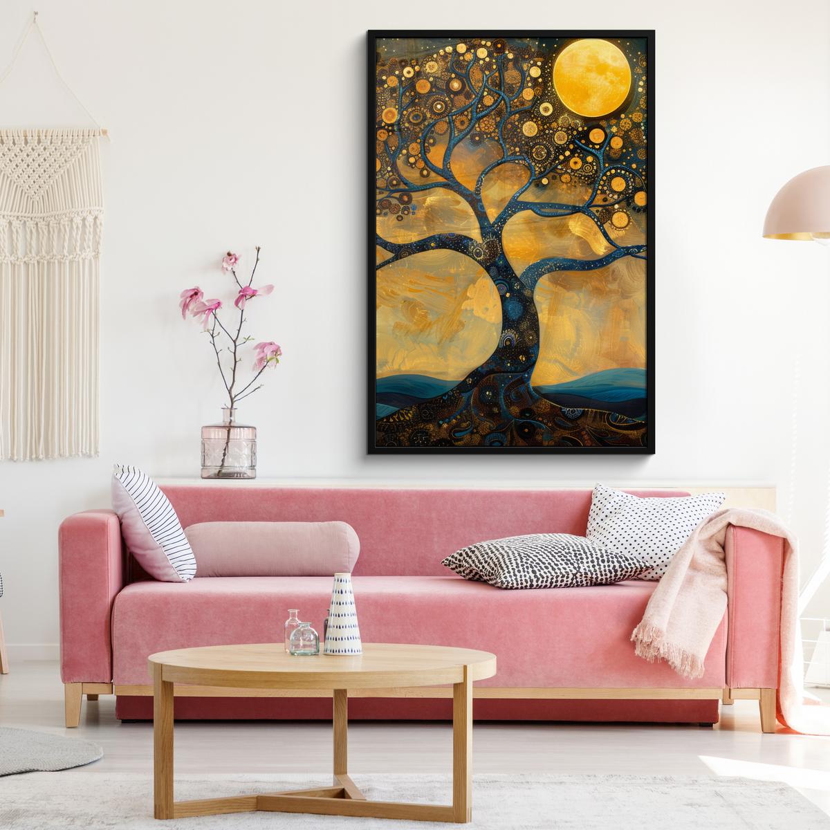 POSTER MIT RAHMEN Baum - Mond - Blumen - Gold - Kunst Bilderleiste 80x120 cm - Orange, Papier (80/120cm) - MuchoWow