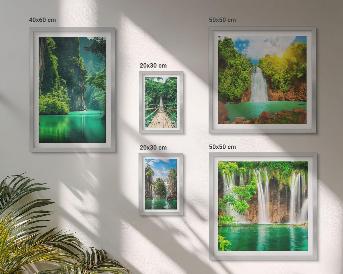 BILDER SET 5er Set - 50x50 cm & 20x30 cm & 40x60 cm Silberner Rahmen - See, Berge, Boote, Ferienhaus - Silberfarben, Kunststoff (40/60cm) - TULUP