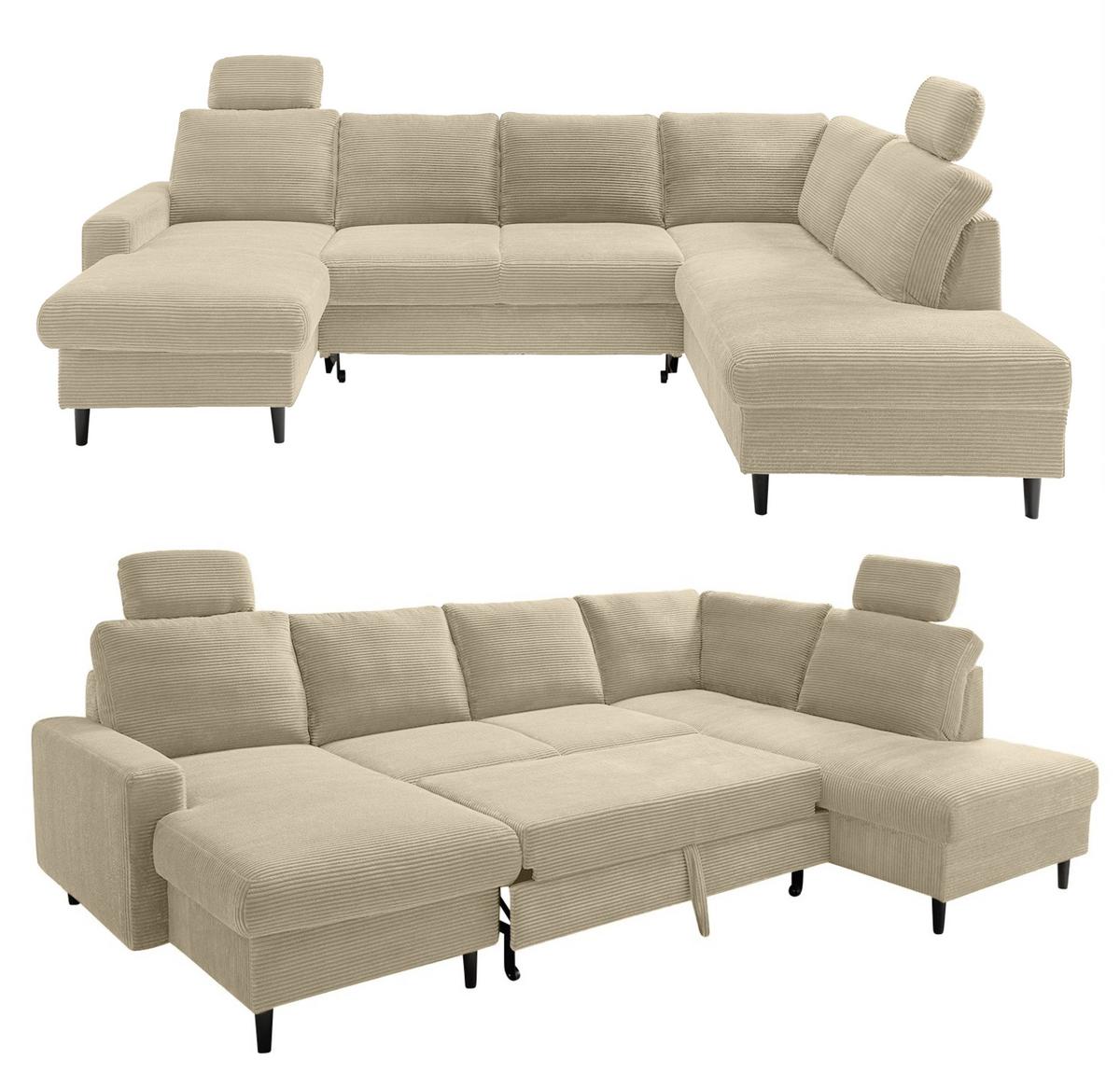 WOHNLANDSCHAFT mit Schlaffunktion Bettkasten Wellenunterfederung, 2 Kopfstützen, U-Form B305/T200/H88 cm, Cord Beige Grau / 17205 - Greige/Schwarz, Holz/Textil (305/88/200cm) - luma-home