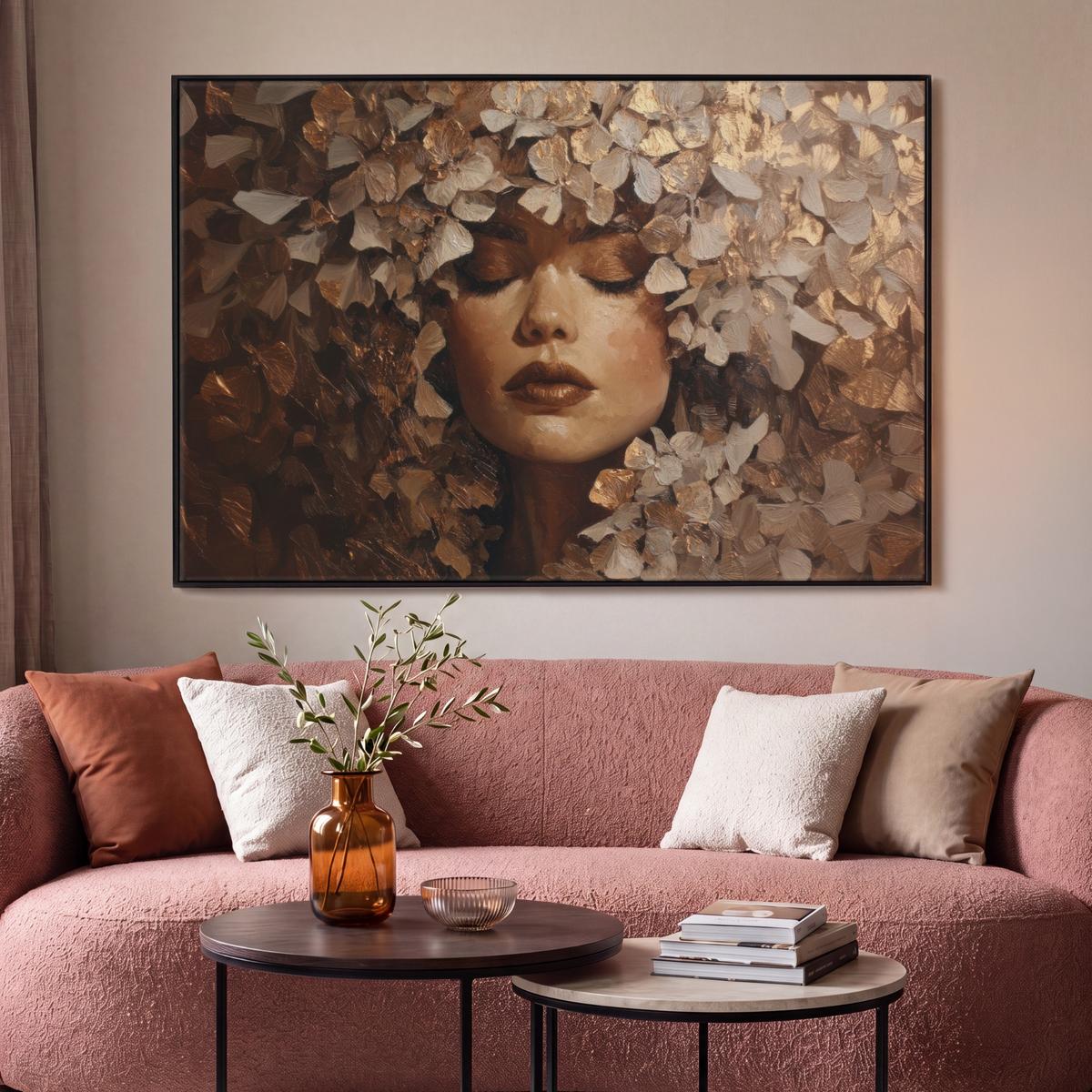 LEINWAND Bilder mit Rahmen - Gesicht - Dame - Blätter - Pinselstriche - 140x90 - Goldfarben, Textil (140/90cm) - MuchoWow