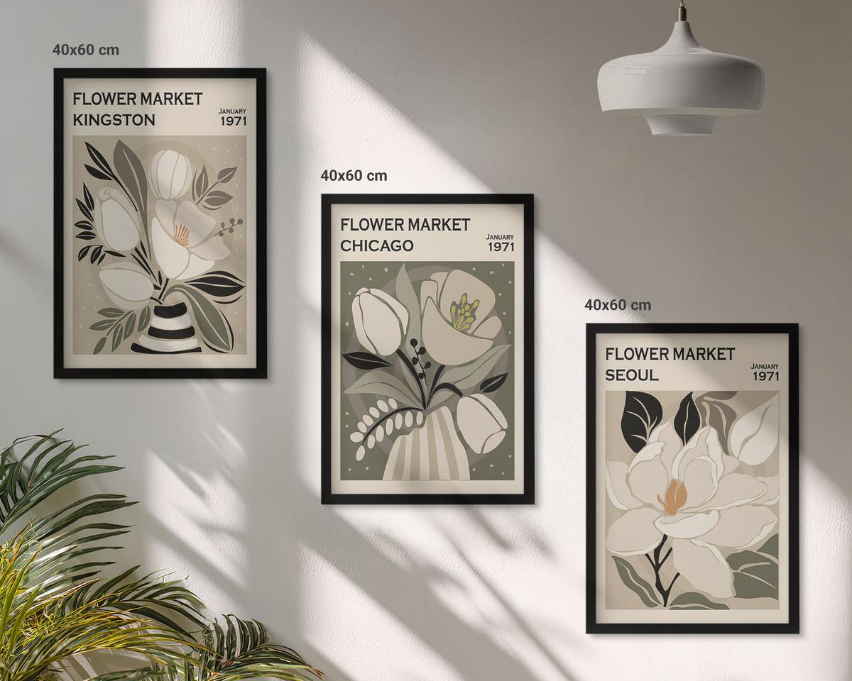BILDER SET 3er Set - 40x60 cm Schwarzer Rahmen - Blumen Kingston Seoul Chicago Retro - Schwarz, Kunststoff (40/60cm) - TULUP