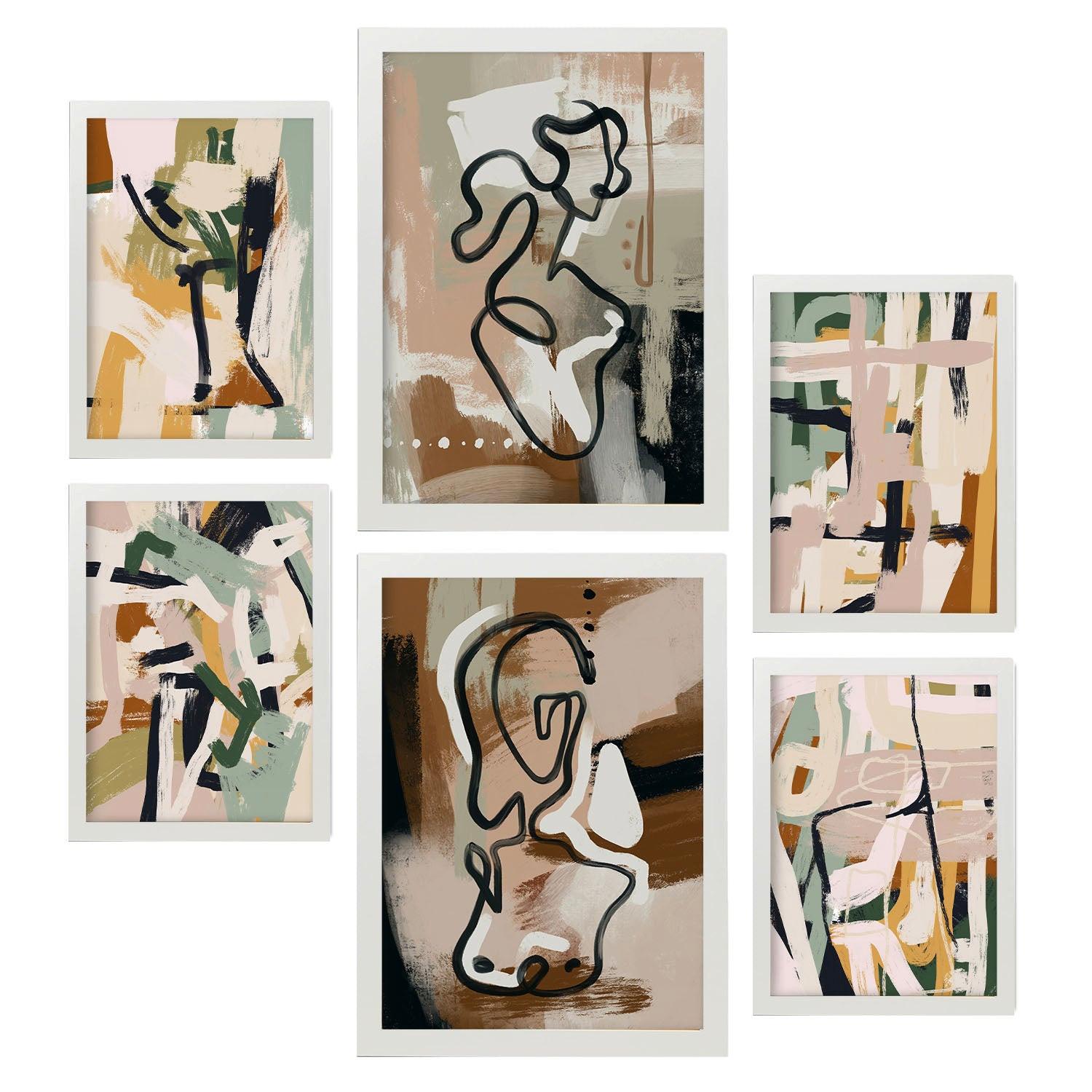 POSTER Set Mit 6 Extravagante Formen In Weibliche Zusammenfassung A3 & A4 Weißer Rahmen - Weiß, Papier (29/3cm) - Nacnic