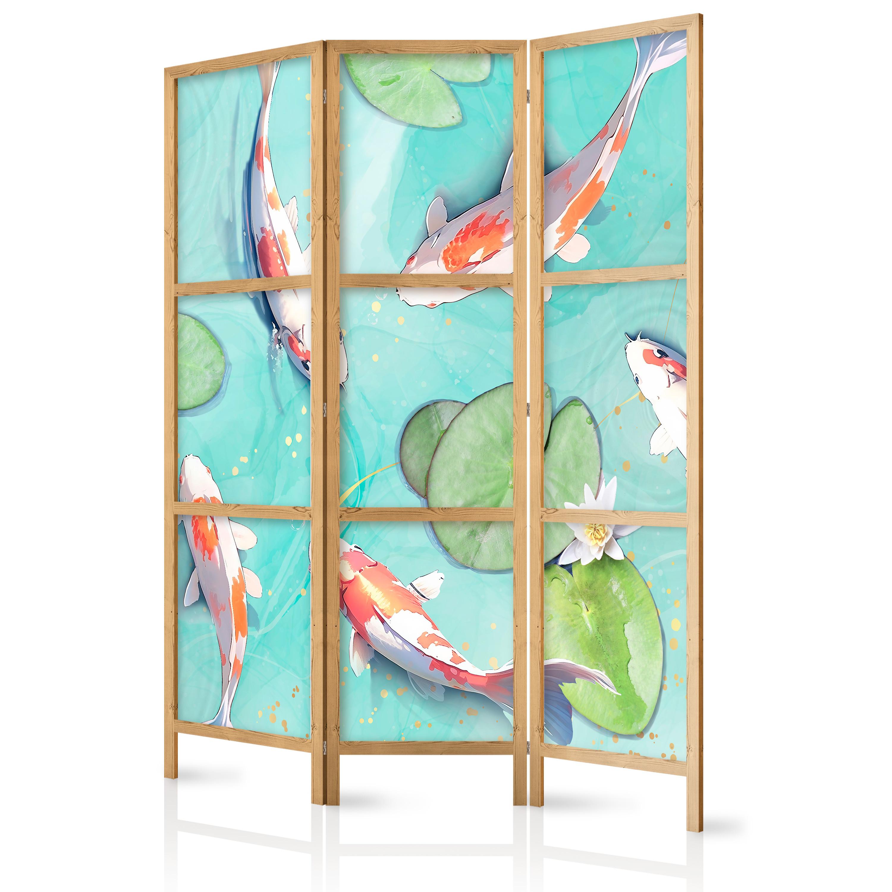 PARAVENT Japanischer 3-tlg 135x172 cm Blumen und Kois - Blau, Holz/Textil (135/172/3cm) - Muralo