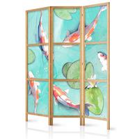 PARAVENT Japanischer 3-tlg 135x172 cm Blumen und Kois - Blau, Holz/Textil (135/172/3cm) - Muralo