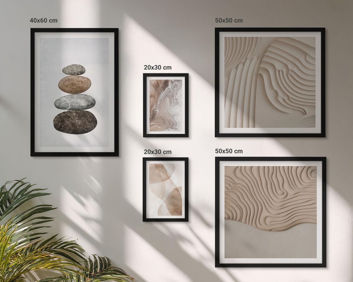 BILDER SET 5er Set - 50x50 cm & 20x30 cm & 40x60 cm Schwarzer Rahmen - Abstrakte bemalte Strukturen - Schwarz, Kunststoff (40/60cm) - TULUP