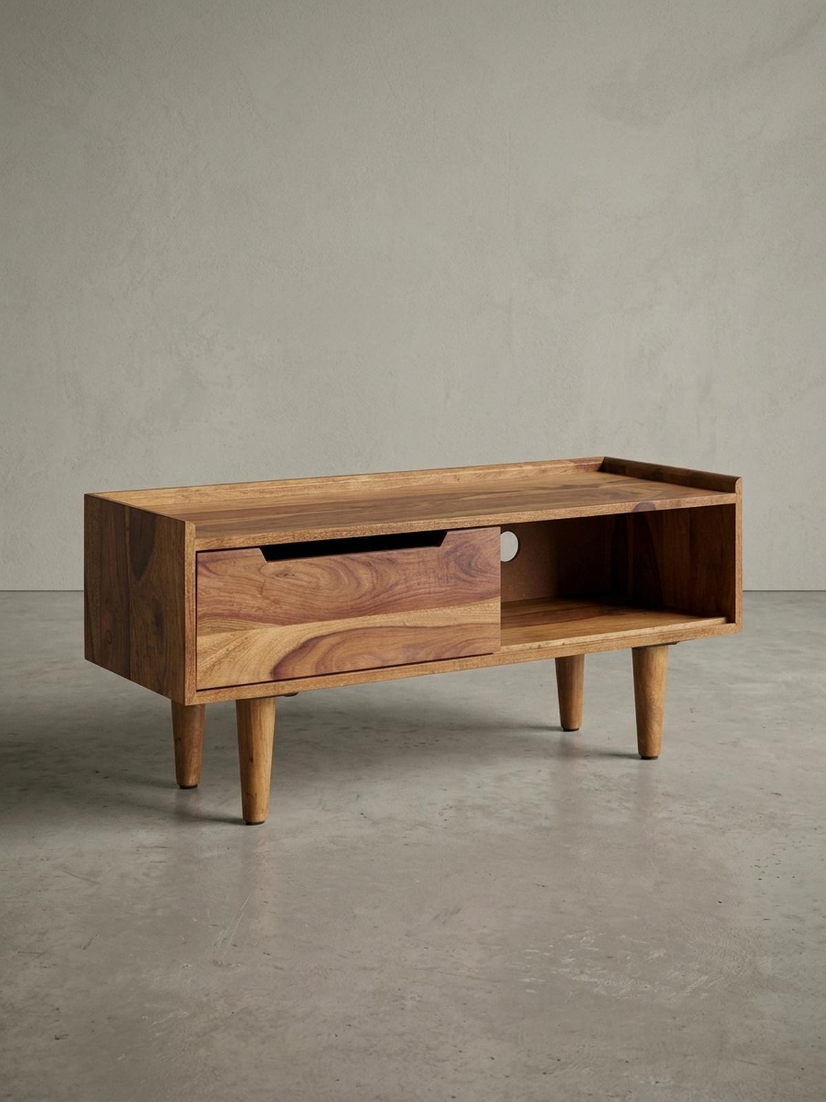 LOWBOARD Massivholz Modern Stil für Fernseher bis 50 Zoll mit Schiebetür und 2 Fächern - Braun, Holz (95/44/34cm) - KADIMA DESIGN