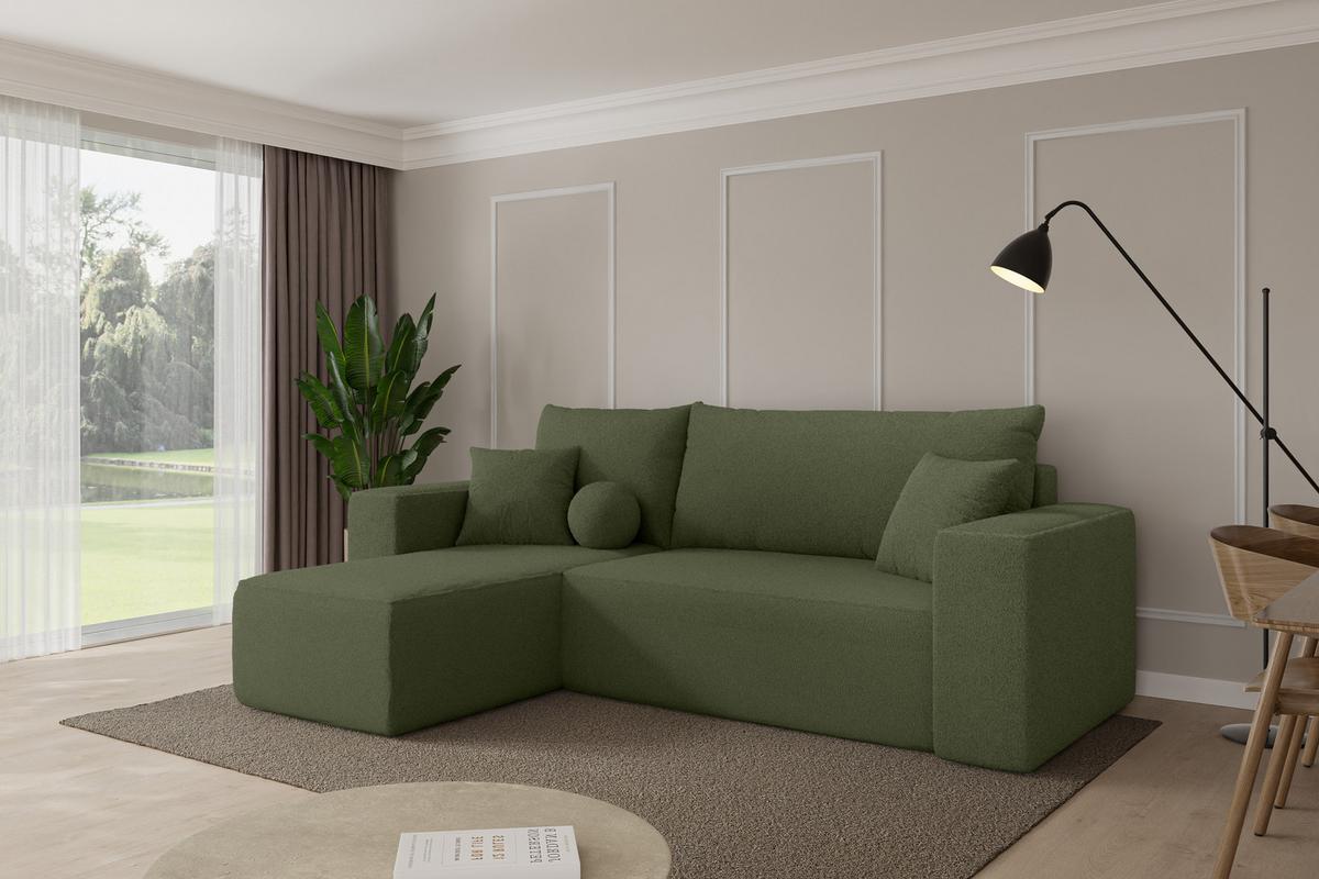 ECKSOFA mit Schlaffunktion Ottomane Links SENO-L 249x139x85 Grün Bouclé - Schwarz/Olivgrün, Holzwerkstoff/Kunststoff (249/139cm) - ALTDECOR