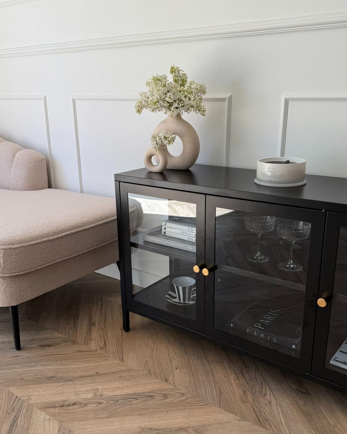 SIDEBOARD mit Glastüren Metall 115 cm Schwarz Newport - Schwarz, Metall (115/65/35cm) - Beliani