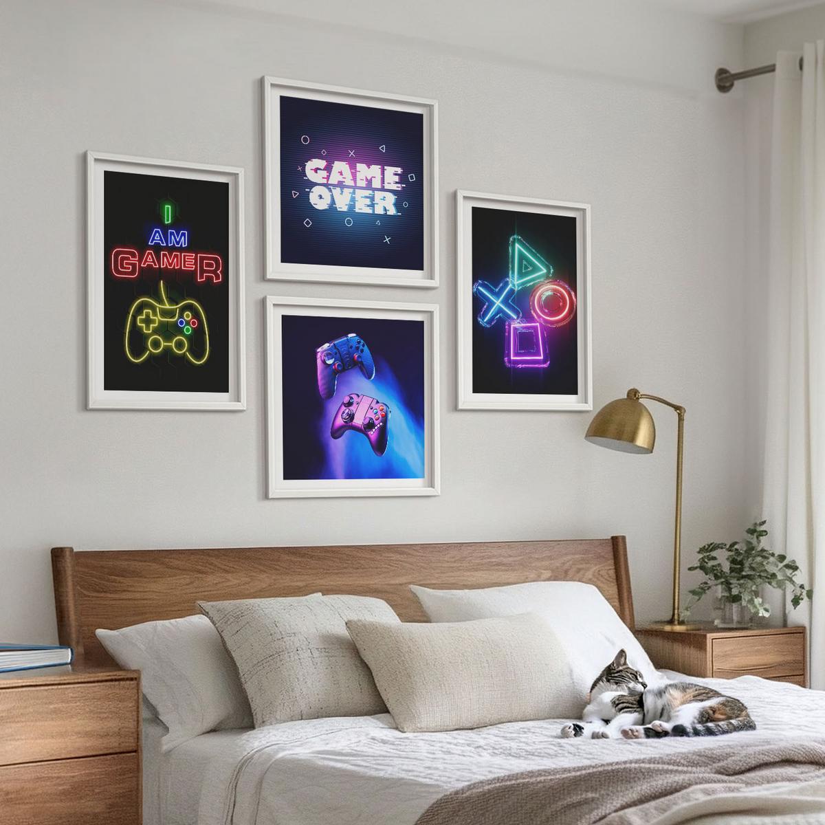 BILDER SET 4er Set - 50x50 cm & 40x60 cm Weißer Rahmen - Gamepads, Spielersymbol-Untertitel - Weiß, Kunststoff (50/50cm) - TULUP