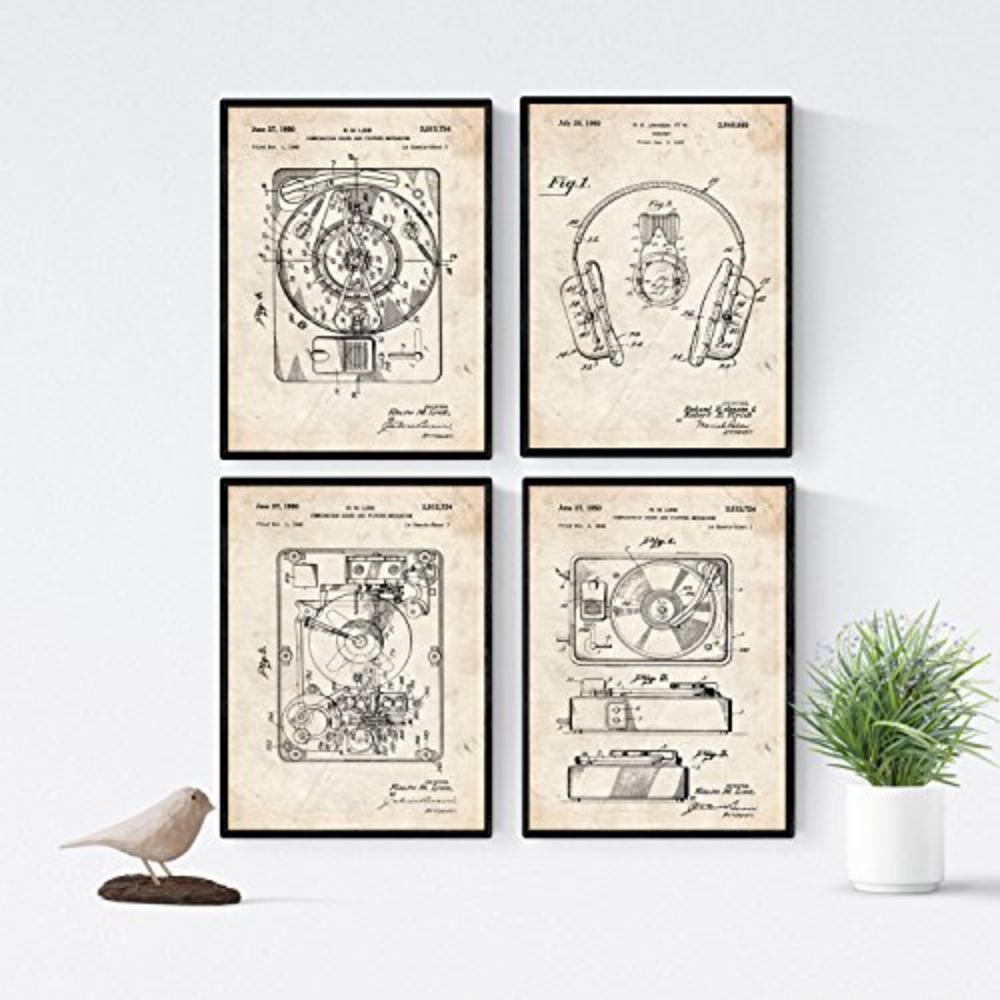 POSTER Set mit 4 Jahrgang Drehscheibe Patenten A4 Schwarzer Rahmen - Schwarz, Papier (29.7/3cm) - Nacnic