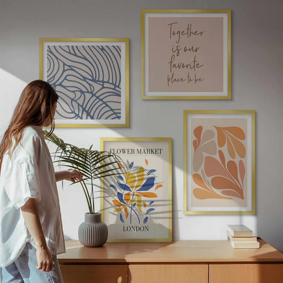 BILDER SET 4er Set - 50x50 cm & 40x60 cm Goldrahmen - Moderne abstrakte Blumen - Goldfarben, Kunststoff (50/50cm) - TULUP