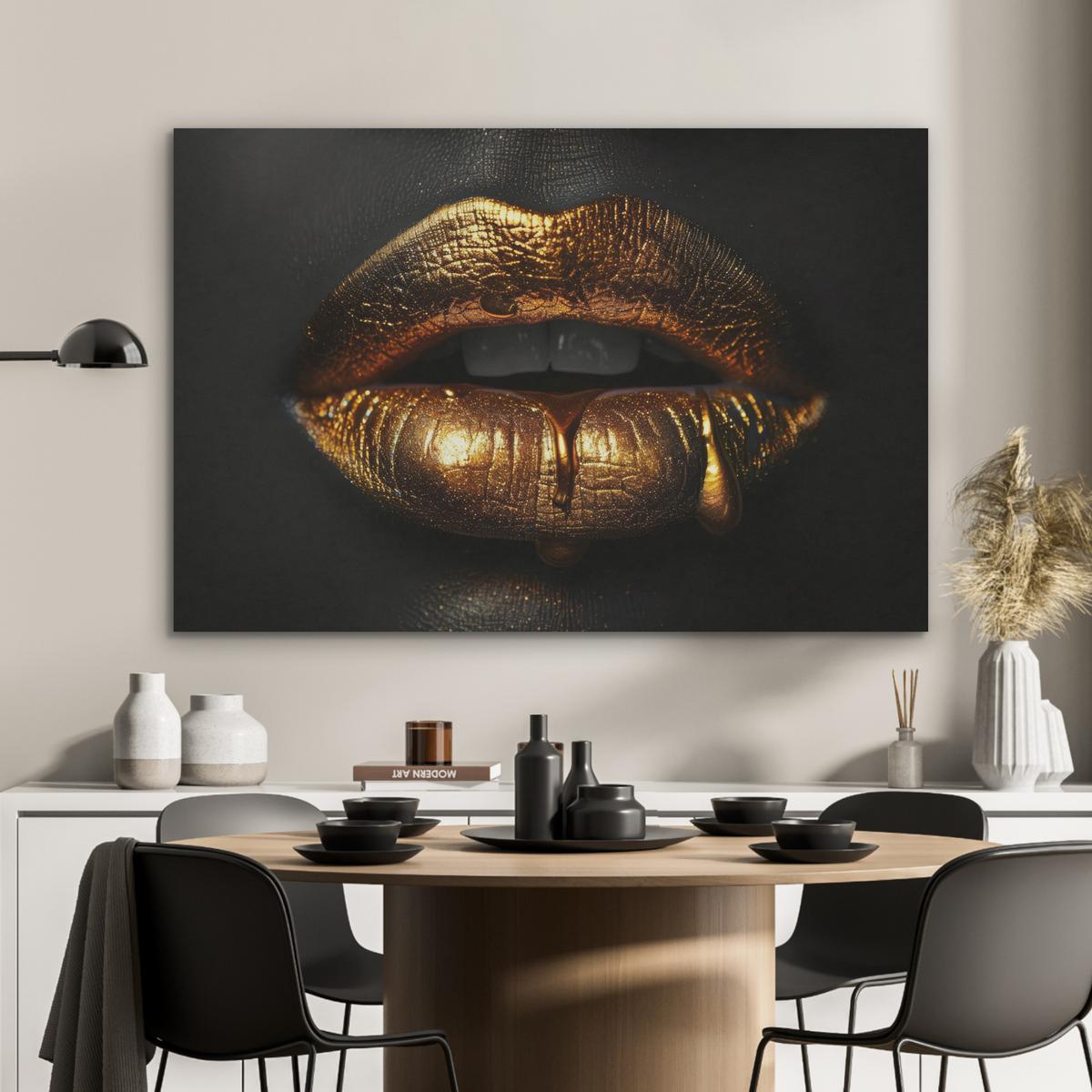 AKUSTIKBILD Frau - Porträt - Lippen - Gold - Schwarz Akustikpaneele 90x60 cm - Schwarz, Kunststoff (90/60/0.9cm) - MuchoWow