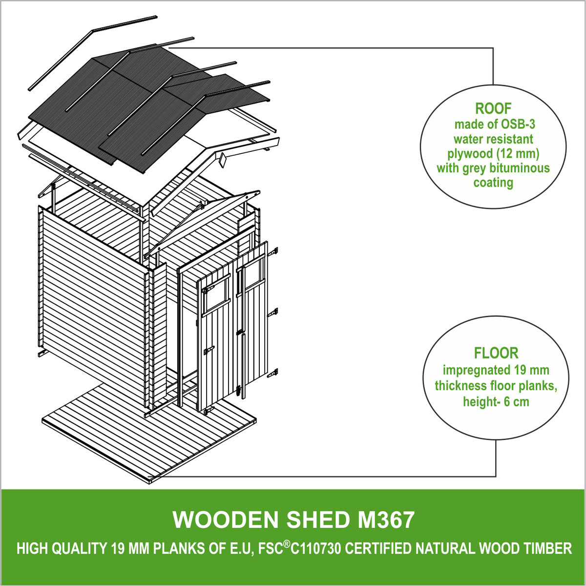 HOLZHAUS GARTENHAUS M367+M367G - mit imprägniertem BodenB196xL136xH218 cm/ 1.98 m2 - Beige, Holz (196/224/136cm) - Timbela