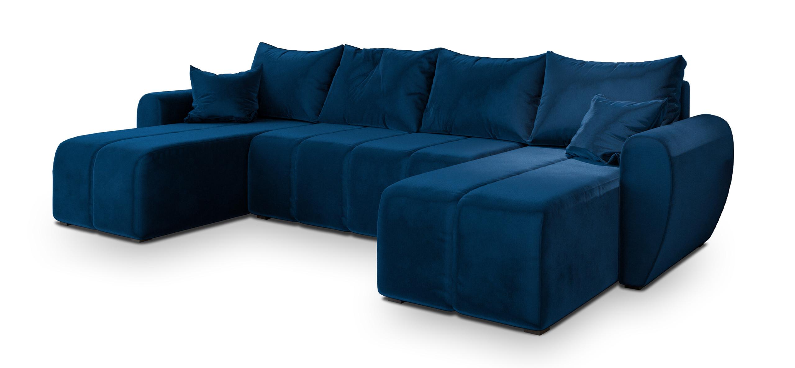 WOHNLANDSCHAFT MADISON U Blau Plüsch-Stoff mit Schlaffunktion - Blau/Schwarz, Holz/Kunststoff (311/82/145cm) - MASSENO