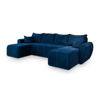 WOHNLANDSCHAFT MADISON U Blau Plüsch-Stoff mit Schlaffunktion - Blau/Schwarz, Holz/Kunststoff (311/82/145cm) - MASSENO