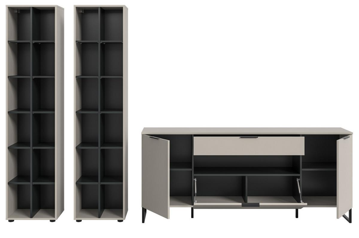 WOHNWAND kaschmir, schwarz 3-teilig 305 cm, Komplettset mit Soft-Close-Funktion - Kaschmir/Schwarz, Holzwerkstoff/Kunststoff (305/192/41cm) - Inn.Furn