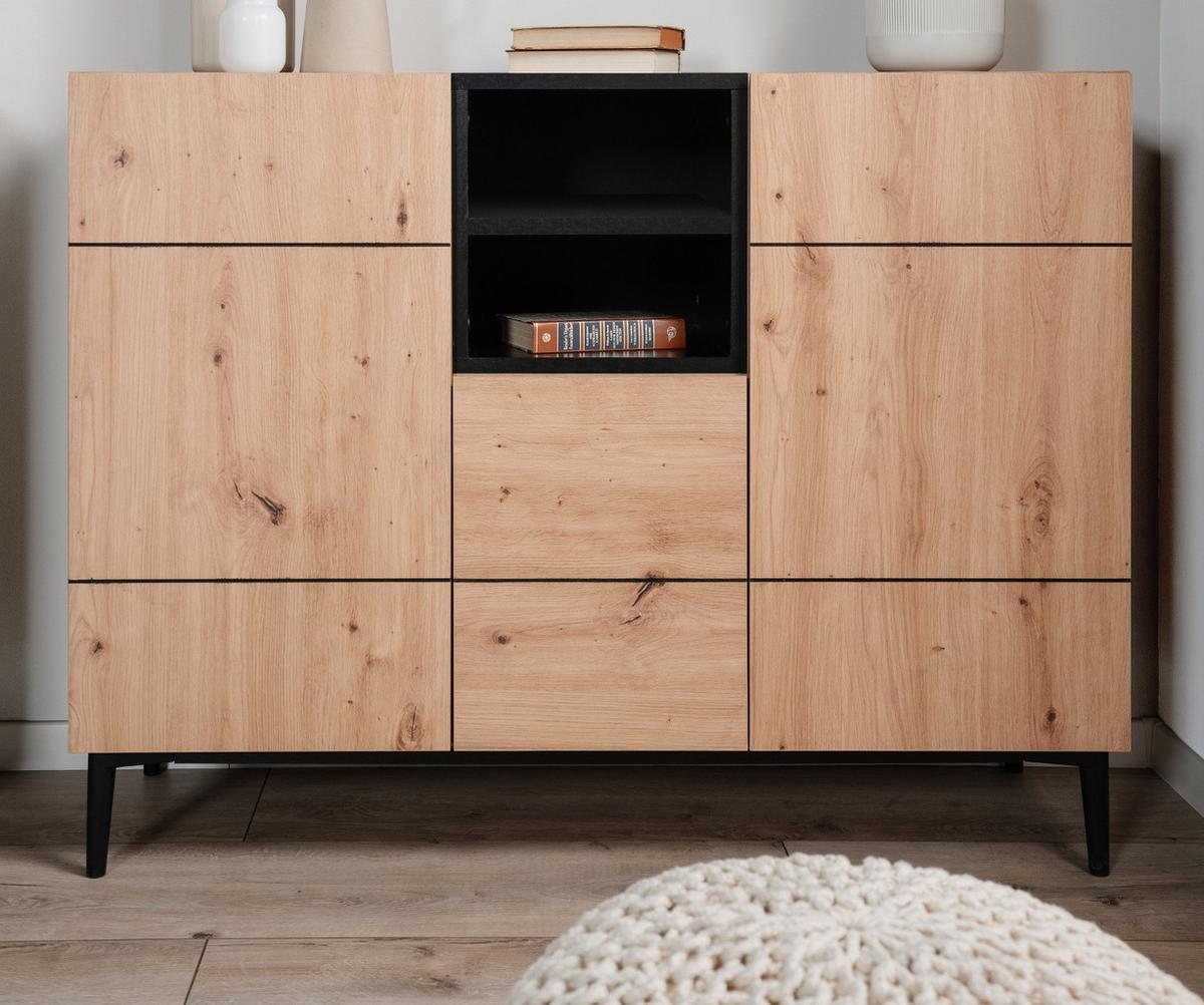 KOMMODE Eiche Artisan, schwarz 120 cm, Sideboard mit viel Stauraum - Schwarz/Eiche Artisan, Holzwerkstoff (120/90/42cm) - Furn.Design