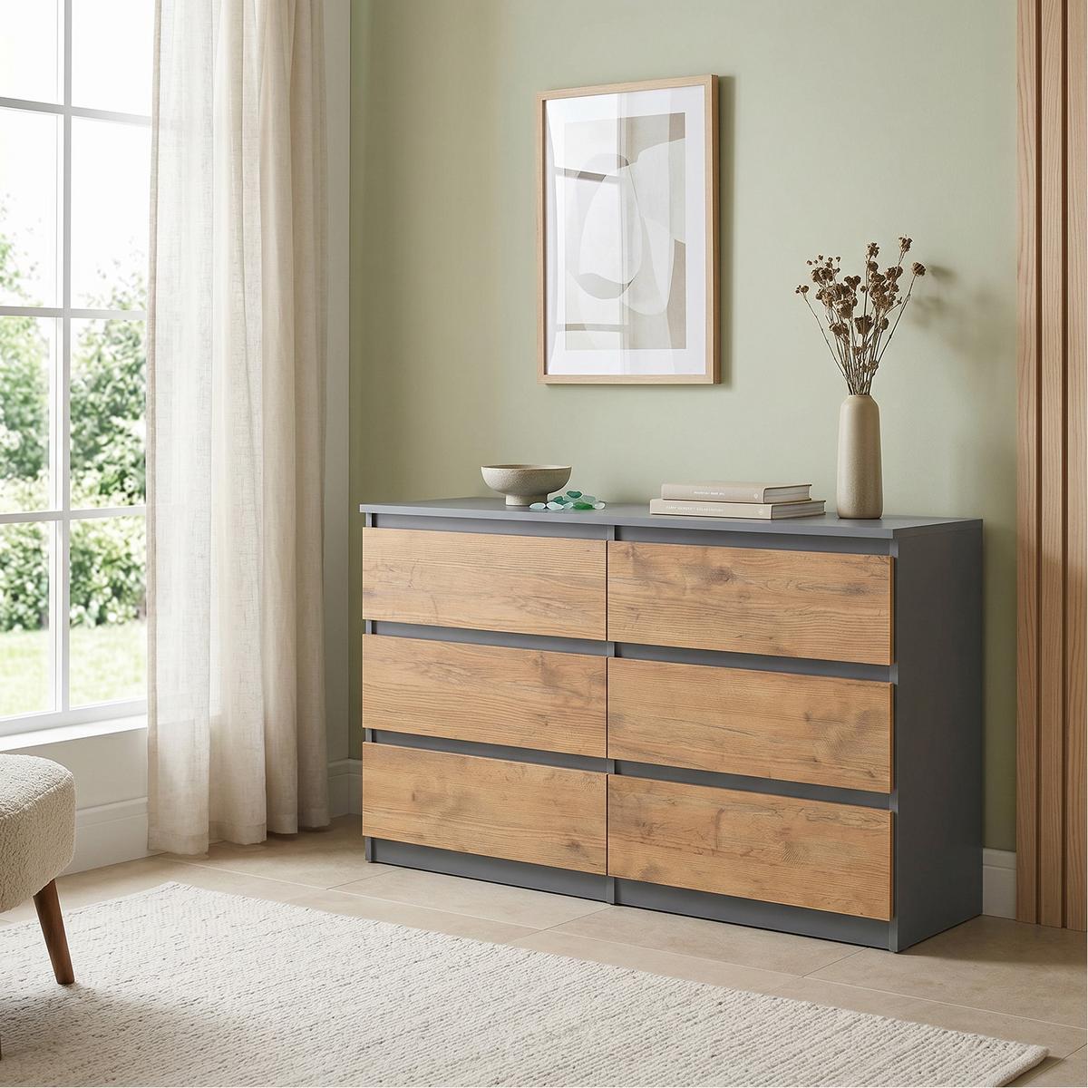 KOMMODE NUDO 120/78,5/39cm mit 6 Schubladen Türen Anthrazit - Eichefarben/Anthrazit, Holzwerkstoff (120/78.5/39cm) - MASSENO