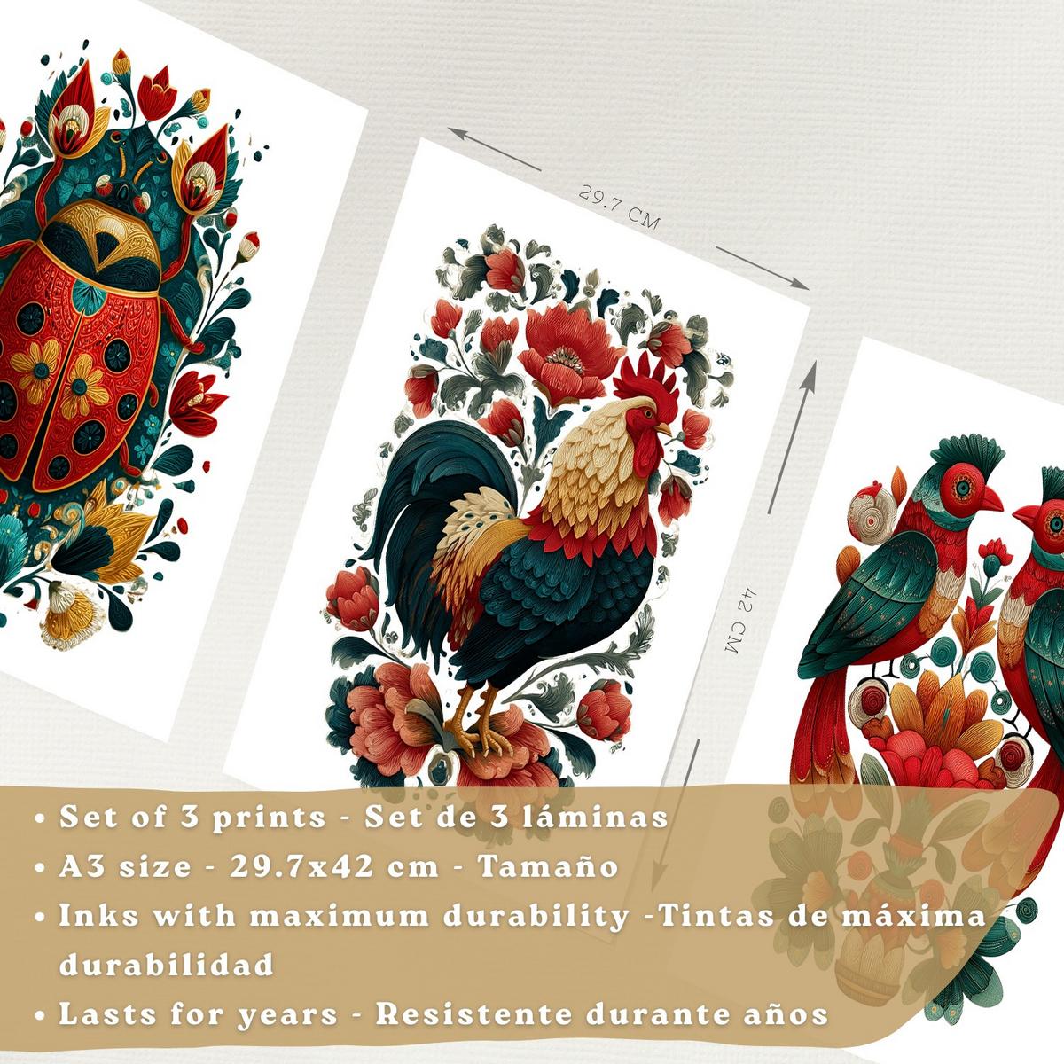 POSTER 3er-Set Kunstdrucke im Folk-Stil, dekorative Tier Blumenmotive, farbenfrohe Kunstposter für Zuhause, Wohnzimmer, Badezimmer Schwarzer Rahmen A3 - Schwarz, Papier (42/29.7/3cm) - Nacnic