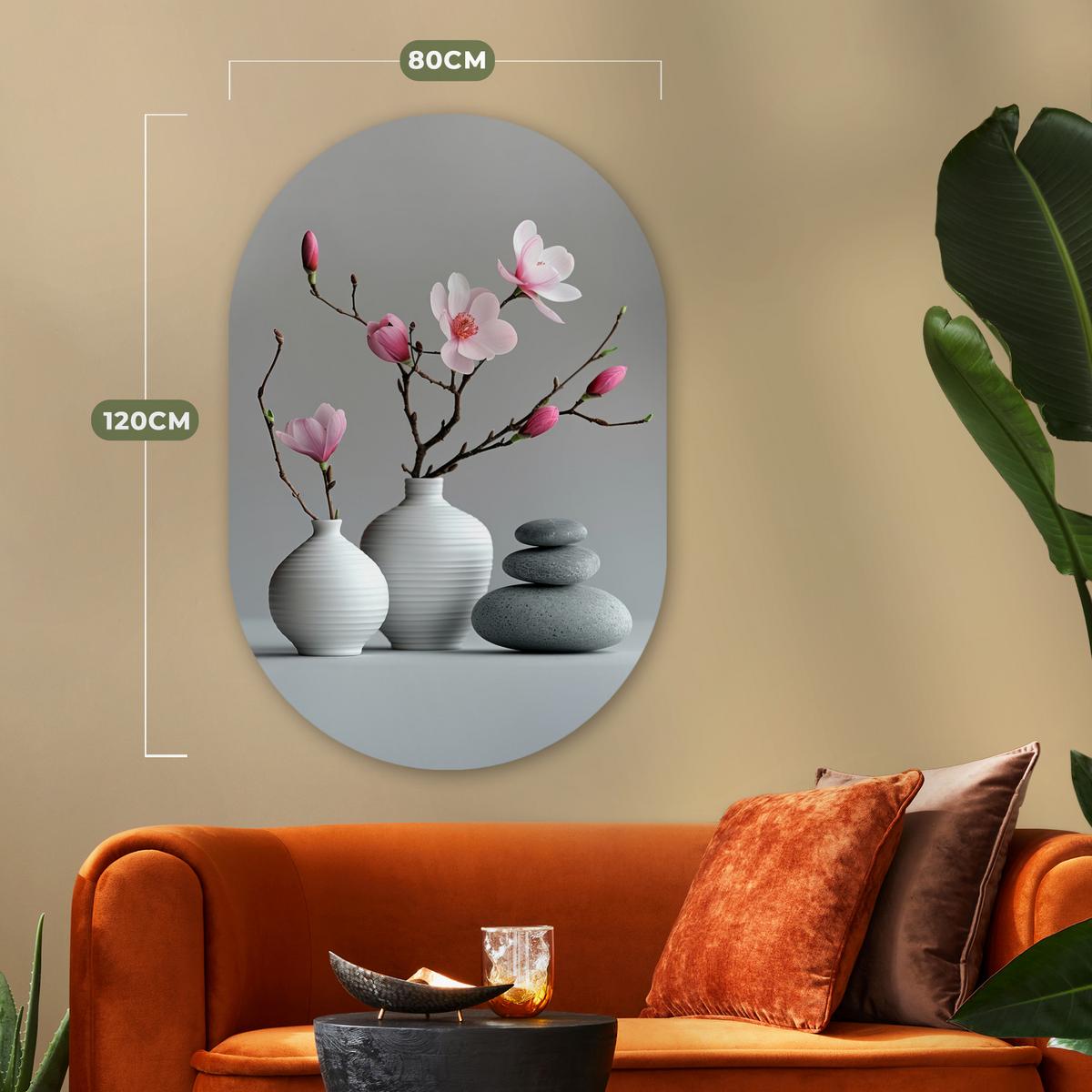 WANDBILD Magnolie - Blumen - Rosa - Zen-Steine Deko Groß 80x120 cm - Hellgrau, Kunststoff (80/120cm) - MuchoWow