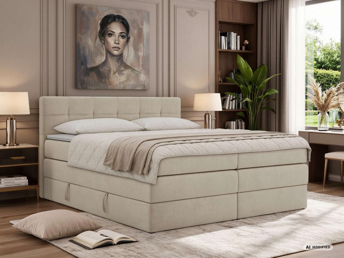 BOXSPRINGBETT SOLVEN KING 200/200 - Creme Jersey - Topper T25 - H4 - Creme/Schwarz, Kunststoff/Textil (200/200cm) - MKS