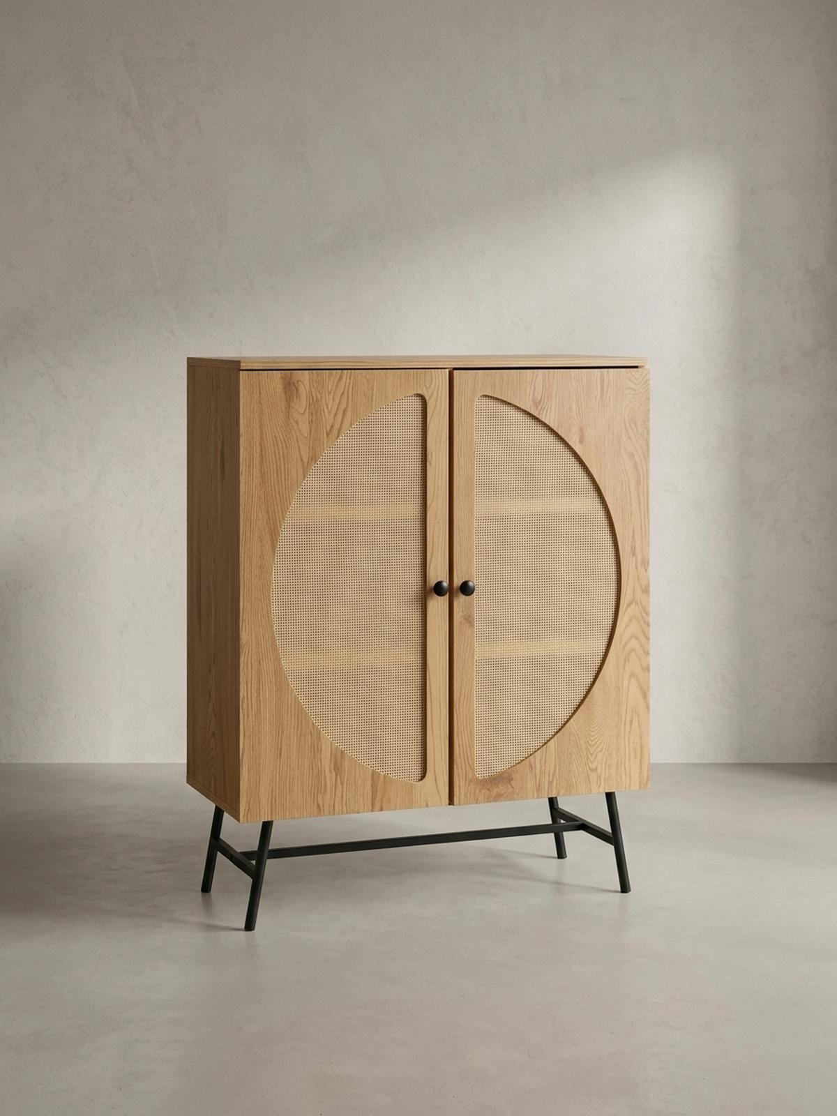 SIDEBOARD – Eiche-Dekor/Rattan, 80x103x39 cm, 2 Türen, hoch - Schwarz/Braun, Holzwerkstoff/Metall (80/103/39cm) - KADIMA DESIGN
