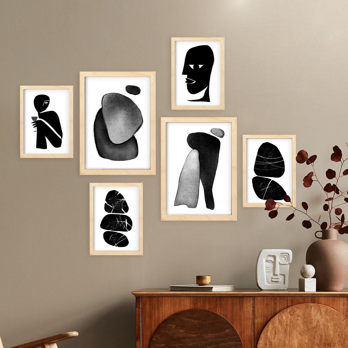 POSTER Set Mit 6 Datenlose Köpfe In Liebhaber Abstrakt Ästhetische Dekorative Gemälde Für Ihr Wohnzimmer Zuhause A3 & A4 Rahmen Aus Hellem Holz - Beige, Papier (29/3cm) - Nacnic