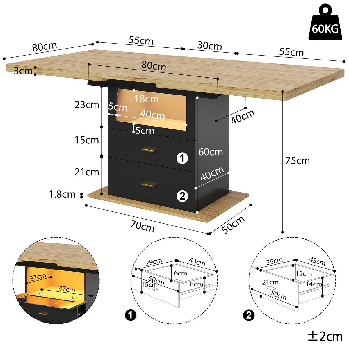 ESSTISCH Ausziehbar 110-140cm mit LED & 2 Schubladen Holzoptik - Naturfarben, Holzwerkstoff (80/110/75cm) - Urban Meuble