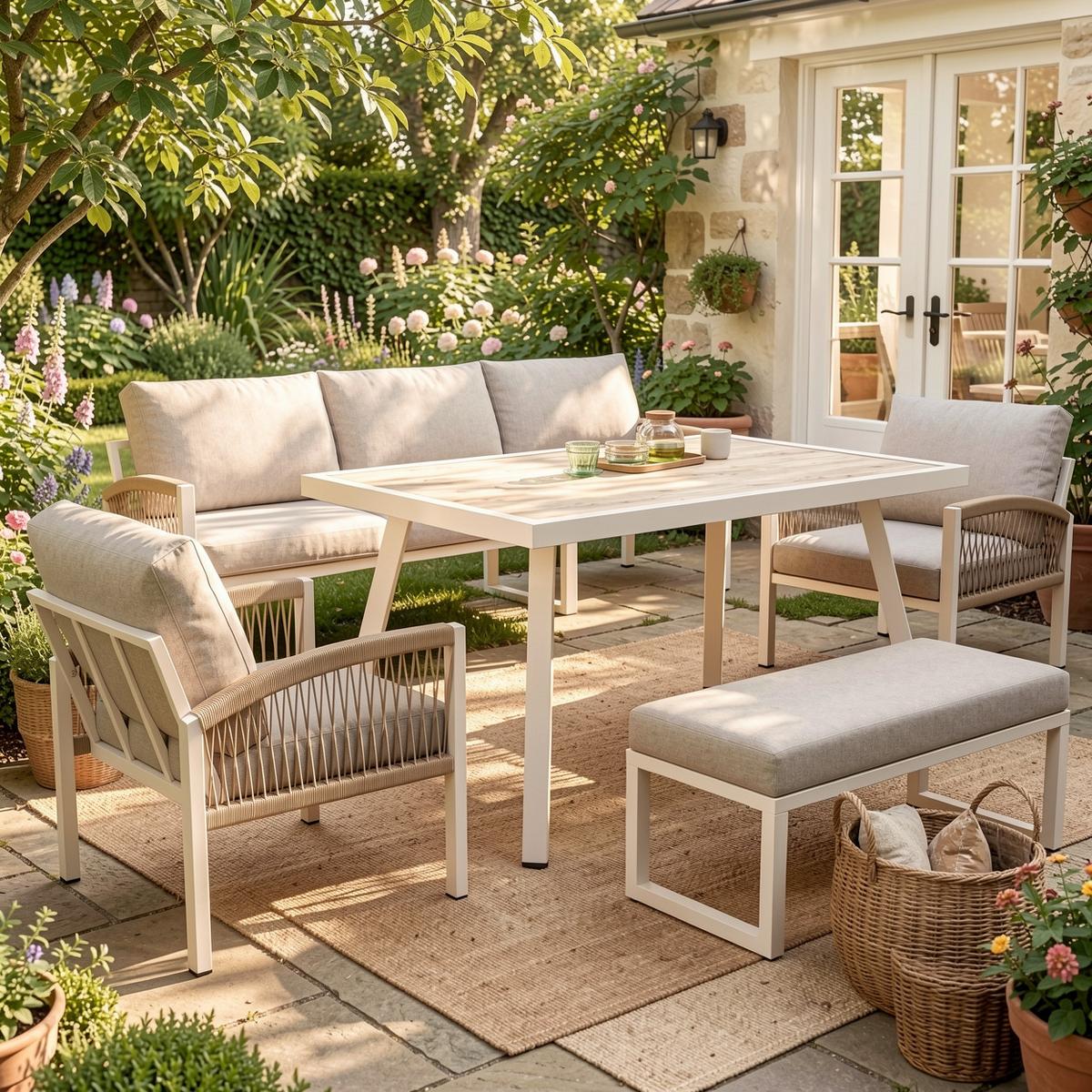 LOUNGEGARNITUR 7-tlg. Eisen Beige Gartensofa mit Tisch, Sesseln & Bank - Beige, Metall - Urban Meuble