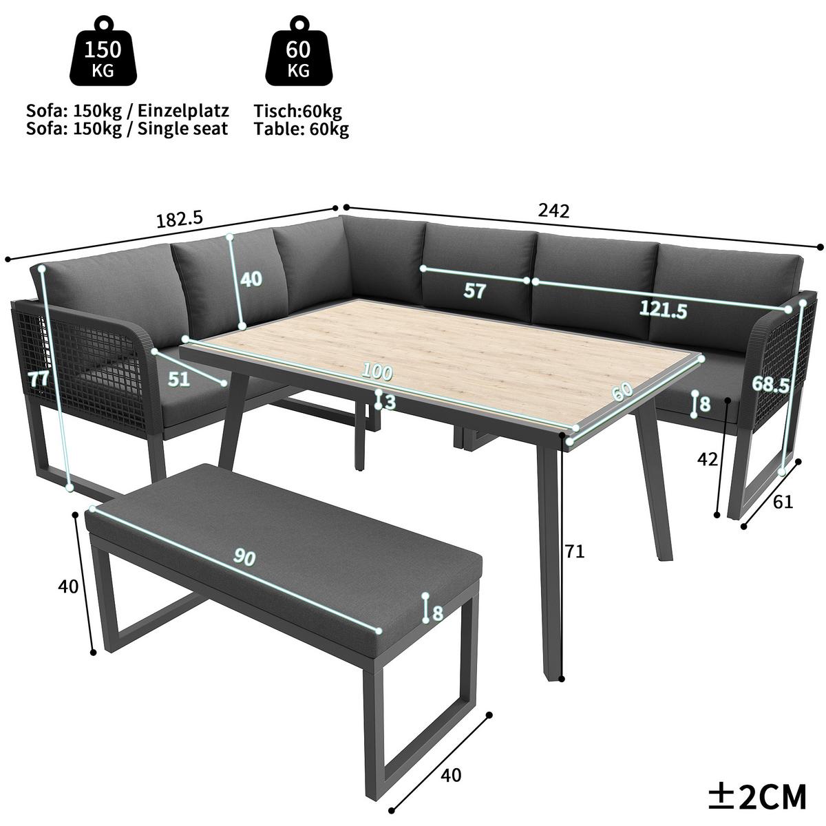 LOUNGEGARNITUR 6-tlg. PE-Rattan Grau Ecksofa mit Tisch & Bank für Terrasse - Grau, Textil - Urban Meuble