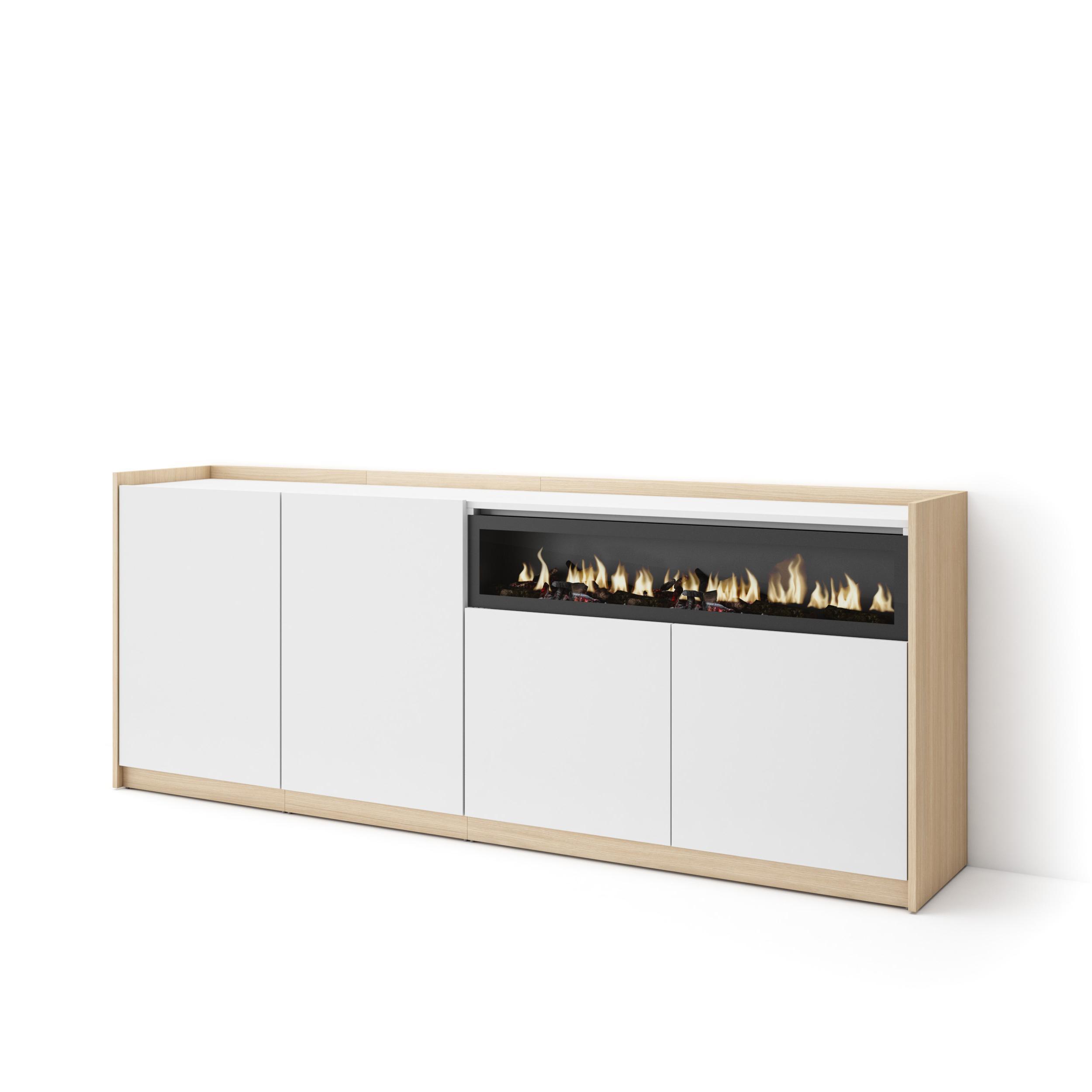 SIDEBOARD, Highboard, Weiß und Eiche Soft, Elektrokamin, 207/37/80cm - Weiß, Holzwerkstoff (207/80/37cm) - Skraut Home