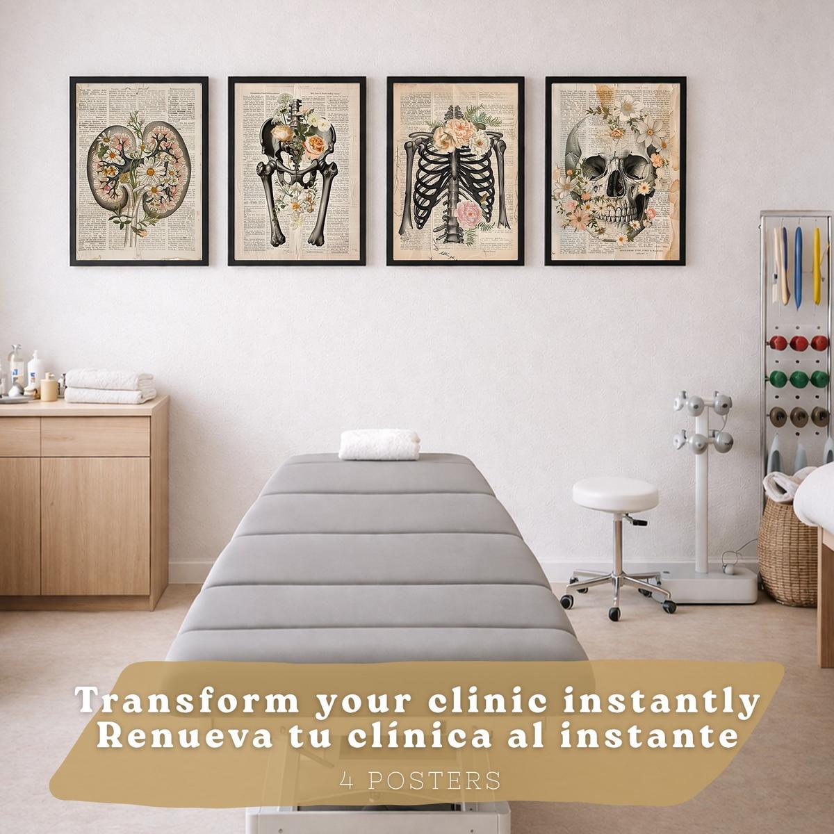 POSTER Set aus 4 Anatomie Drucke und Wandbilder mit Nieren Becken Knochen Hüfte Rippen Wirbelsäule Schädel Antiker Buch Stil Größe Schwarzer Rahmen A4 - Schwarz, Papier (21/29.7/3cm) - Nacnic