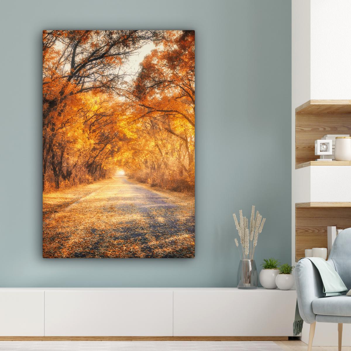 LEINWANDBILD Wald - Herbst - Bäume - Waldweg - Natur Deko Groß 90x140 cm - Bernsteinfarben, Textil (90/140cm) - MuchoWow