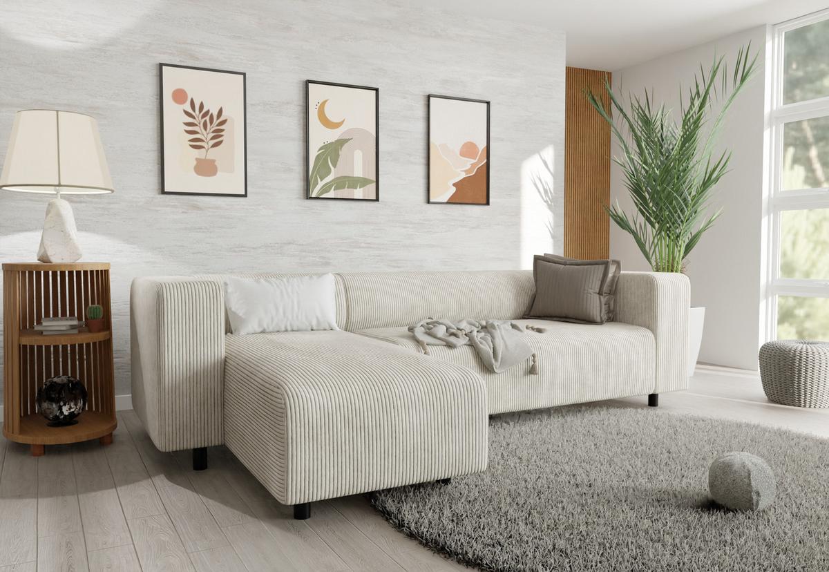 ECKSOFA Tove Beige Cord - Ottomane links - Beige/Schwarz, Holz/Kunststoff (240/142cm) - S-Style Möbel