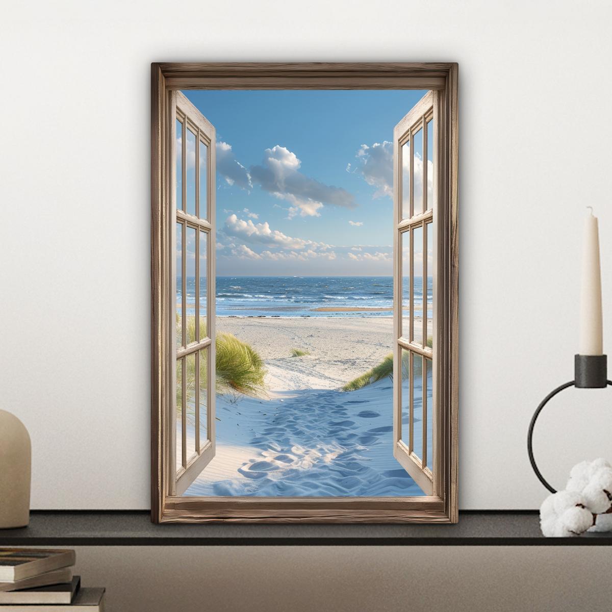 LEINWANDBILD Aussicht - Strand - Fenster - Dünen - Meer Deko Wohnzimmer 20x30 cm - Hellblau, Textil (20/30cm) - MuchoWow