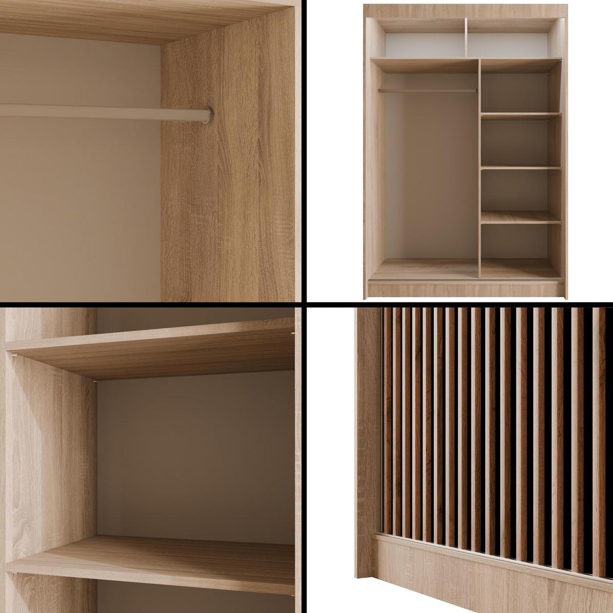 KLEIDERSCHRANK mit LED, Lamel-Schiebetüren VILANv2 - 120 cm Sonoma Eiche + Lamelle Eiche Wotan - Eiche Wotan/Sonoma Eiche, Holzwerkstoff (120/215/61cm) - ALTDECOR