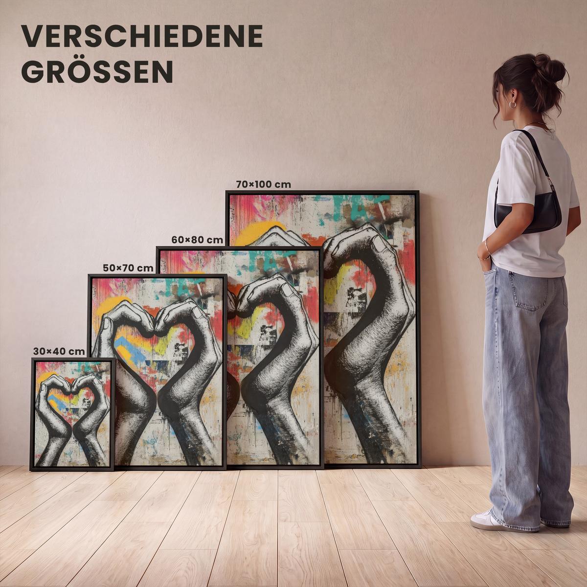 LEINWAND Bilder mit Rahmen - Hände - Herz - Straßenkunst - Graffiti - 50x70 - Multicolor, Textil (50/70cm) - MuchoWow