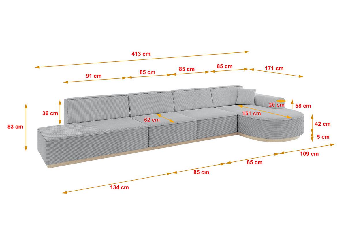 ECKSOFA Ottomane Rechts ARRIO-L3 - 413x171x83 cm Grau - Grau, Holzwerkstoff/Textil (413/171cm) - ALTDECOR