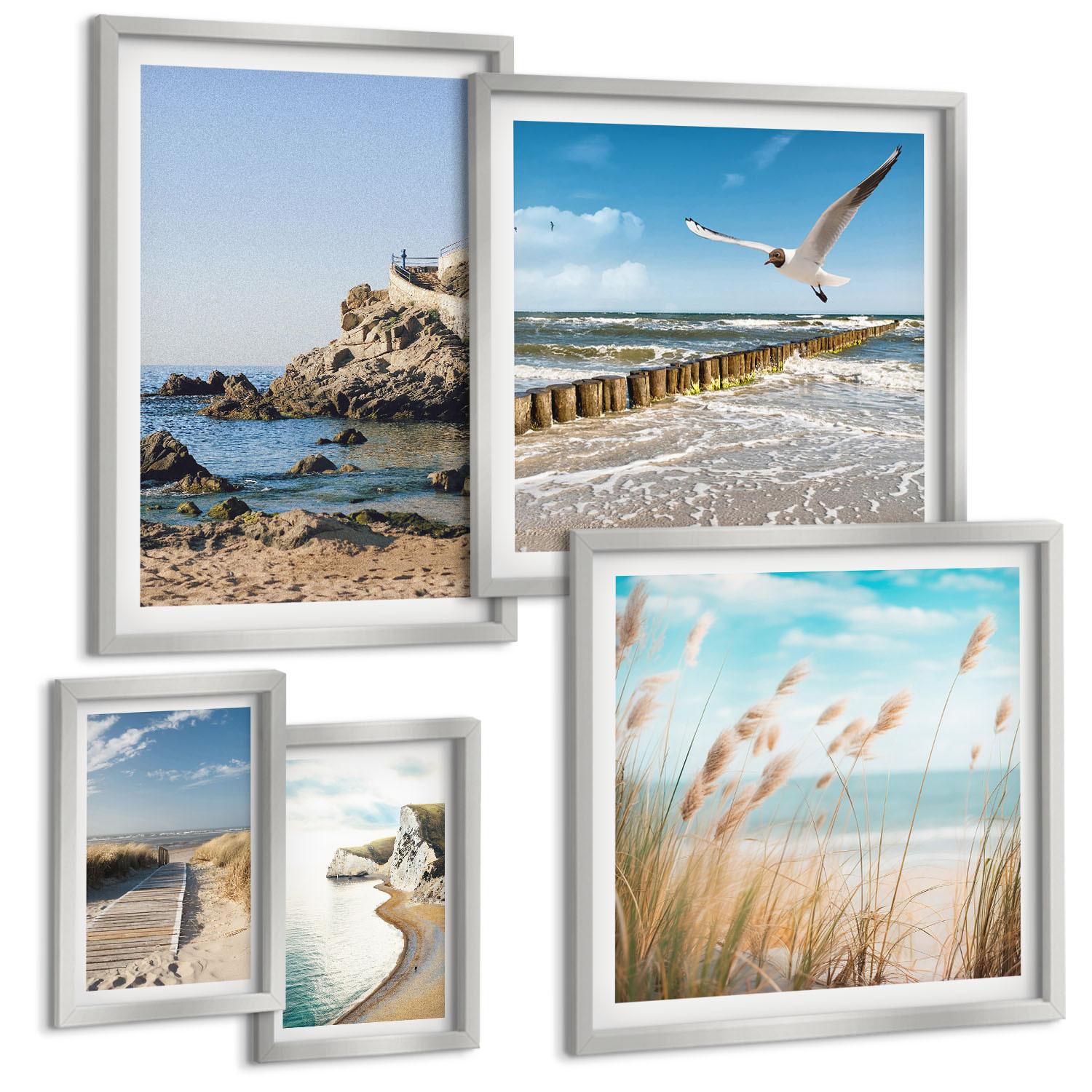 BILDER SET 5er Set - 50x50 cm & 20x30 cm & 40x60 cm Silberner Rahmen - Tropische türkisfarbene Inseln - Silberfarben, Kunststoff (40/60cm) - TULUP