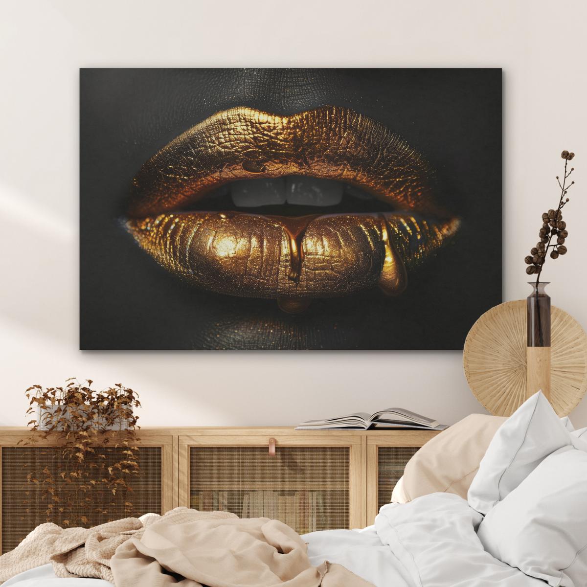 AKUSTIKBILD Frau - Porträt - Lippen - Gold - Schwarz Wandbild Wohnzimmer 100x70 cm - Schwarz, Kunststoff (100/70/0.9cm) - MuchoWow