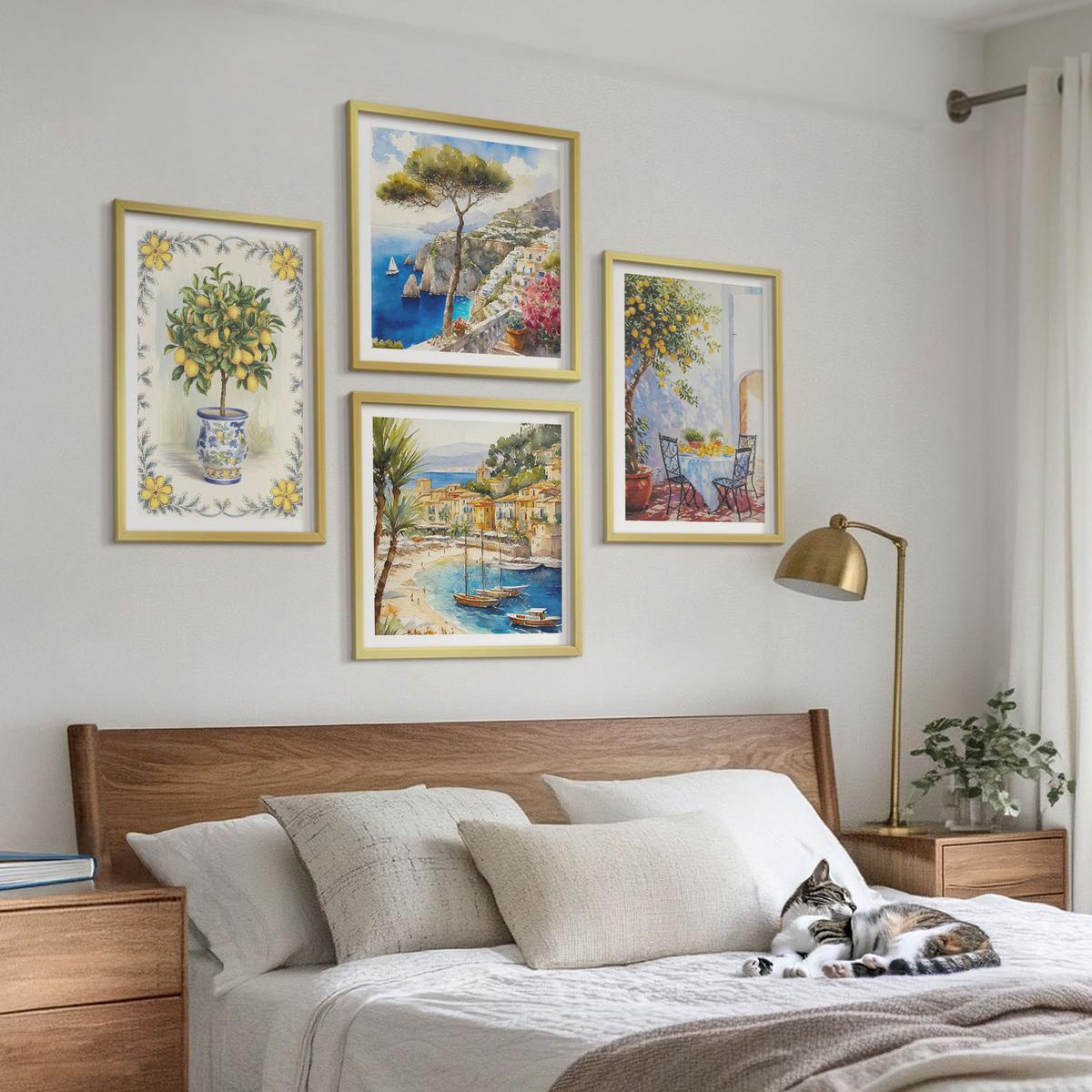 BILDER SET 4er Set - 50x50 cm & 40x60 cm Goldrahmen - Blick auf das Meer aus Zitronenbäumen - Goldfarben, Kunststoff (50/50cm) - TULUP