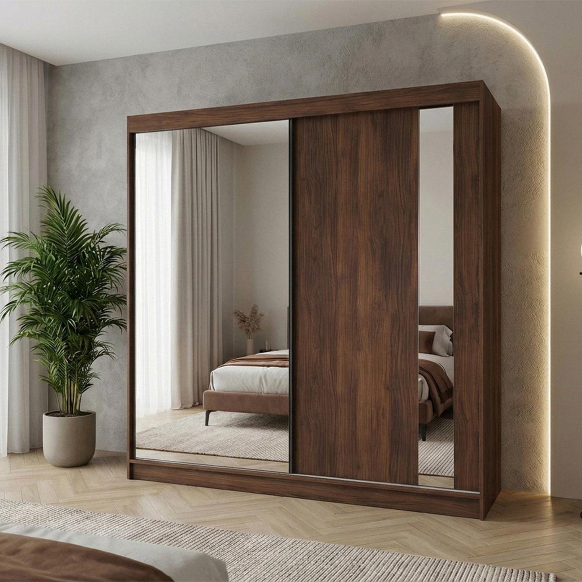 SCHWEBETÜRENSCHRANK Gaja II mit Schubladen und Spiegel 200/216/61 Walnuss - Walnussfarben, Holzwerkstoff (200/216/61cm) - Beautysofa