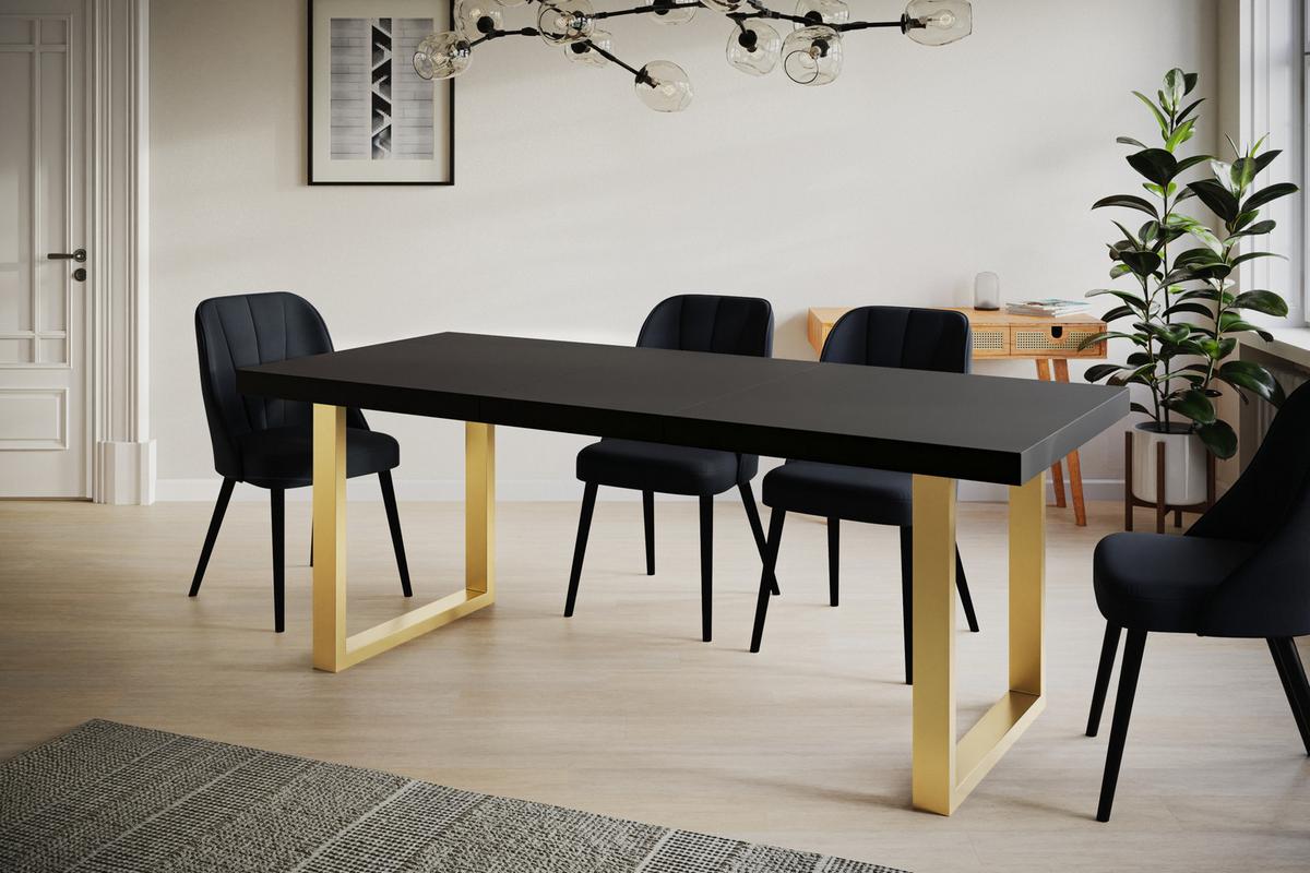 INDUSTRIELLER Esszimmertisch LOFT-U, ausziehbarer Tisch, Größe: 140-240X80X77 cm, Wohnzimmertisch Farbe: Schwarz, mit Metallbeinen in Farbe Gold - Goldfarben/Schwarz, Holzwerkstoff (140/80/77cm) - Alpi-Möbel