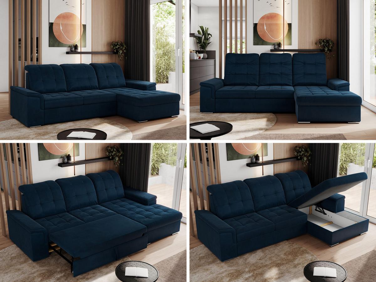 ECKSOFA MADRITO L - Dunkelblau Velorus - Rechts - Silberfarben/Dunkelblau, Textil/Metall (256/160cm)