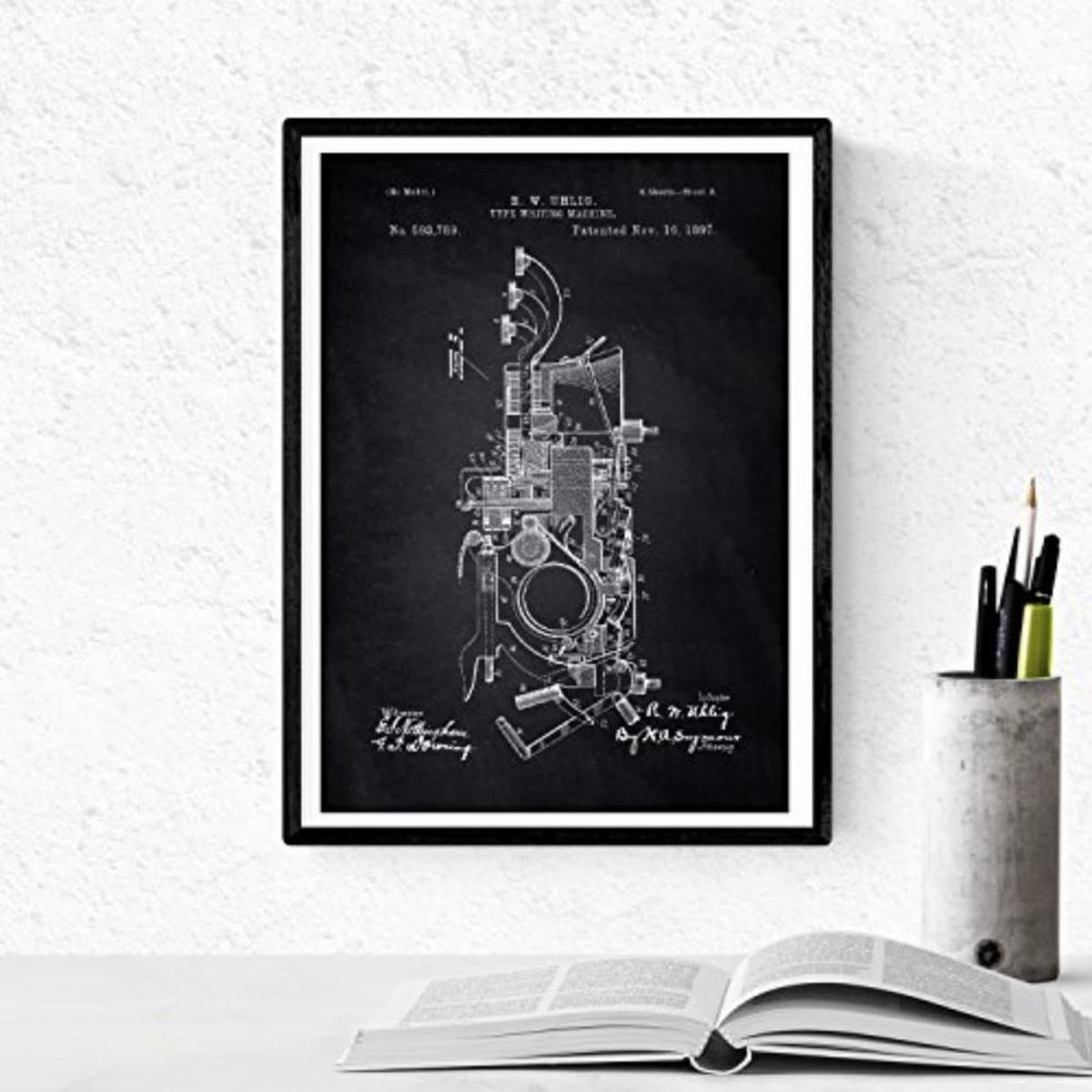 POSTER Set mit 4 SCHWARZ PATENTEN Schreibmaschinen A4 Schwarzer Rahmen - Schwarz, Papier (29.7/3cm) - Nacnic
