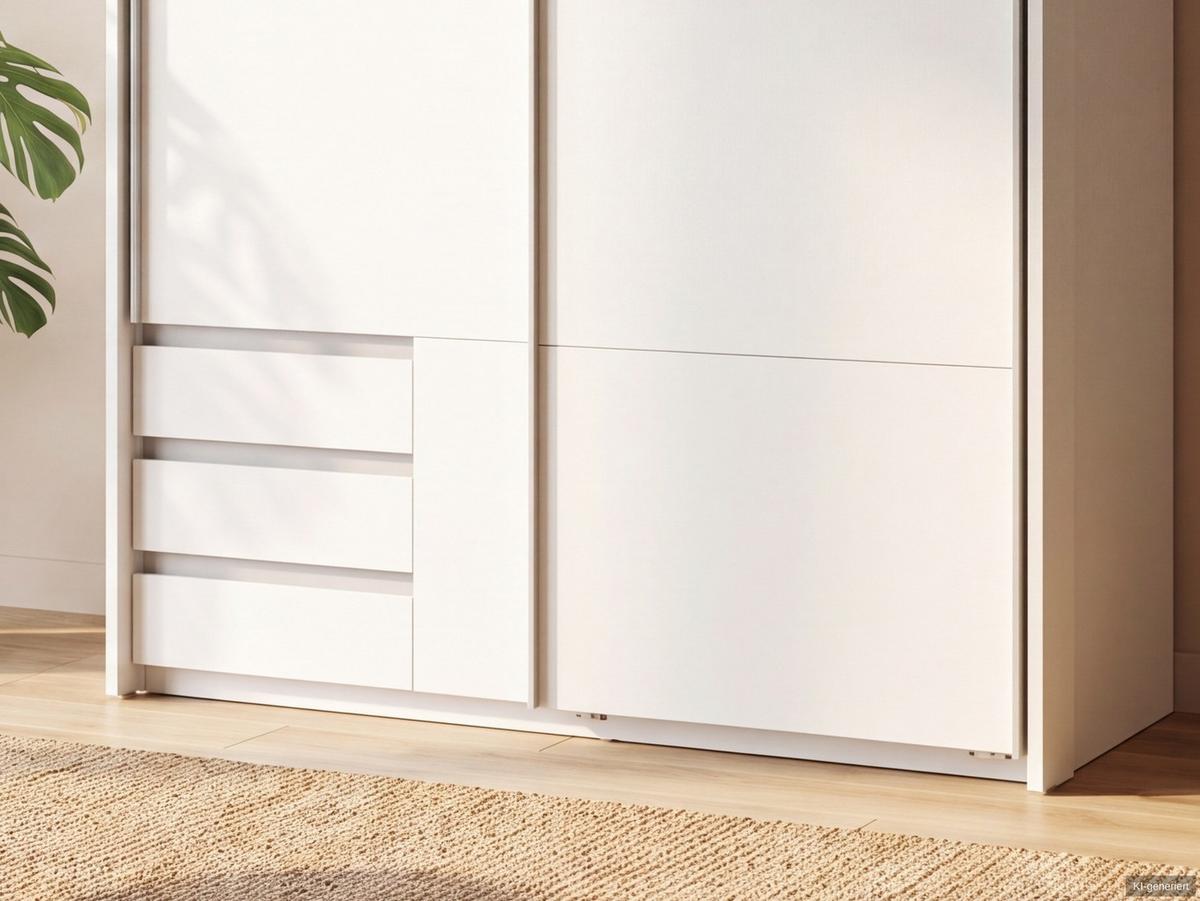 SCHWEBETÜRENSCHRANK 2-türig B138/H200/T65 cm, Passepartout-Kleiderschrank in Weiß mit sichtbaren Schubkästen / 22667 - Alufarben/Weiß, Holz/Holzwerkstoff (138/200/65cm) - luma-home