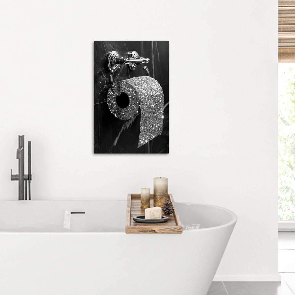 LEINWANDBILD WC - Toilettenpapier - Schwarz und weiß - Glitter Wanddeko 40x60 cm - Silberfarben, Textil (40/60cm) - MuchoWow