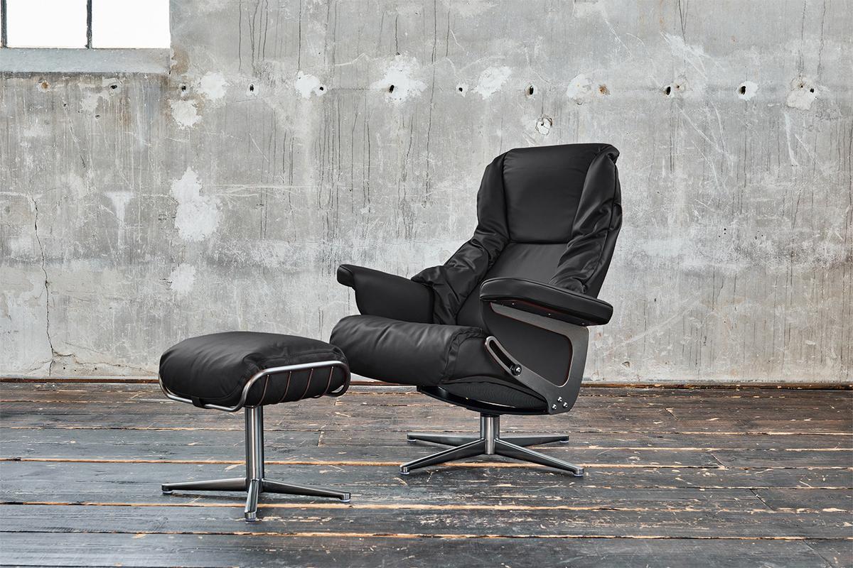 RELAXSESSEL MIT HOCKER MODO Schwarz Leder - Silberfarben/Schwarz, Leder/Metall (81/98/90cm) - KAWOLA
