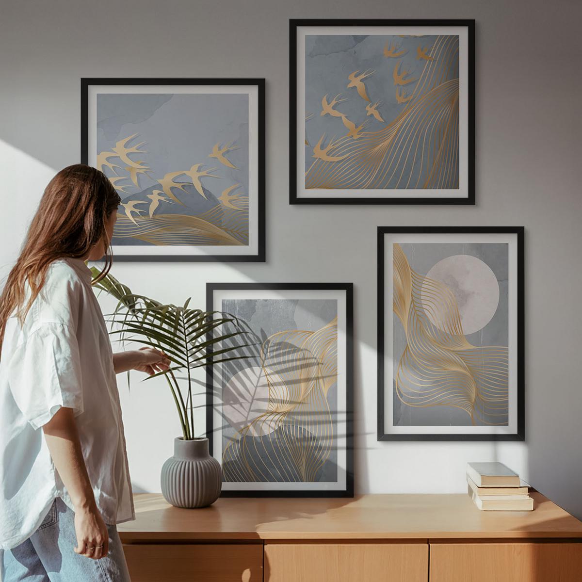 BILDER SET 4er Set - 50x50 cm & 40x60 cm Schwarzer Rahmen - Abstrakte Wellenkreise, grau - Schwarz, Kunststoff (50/50cm) - TULUP