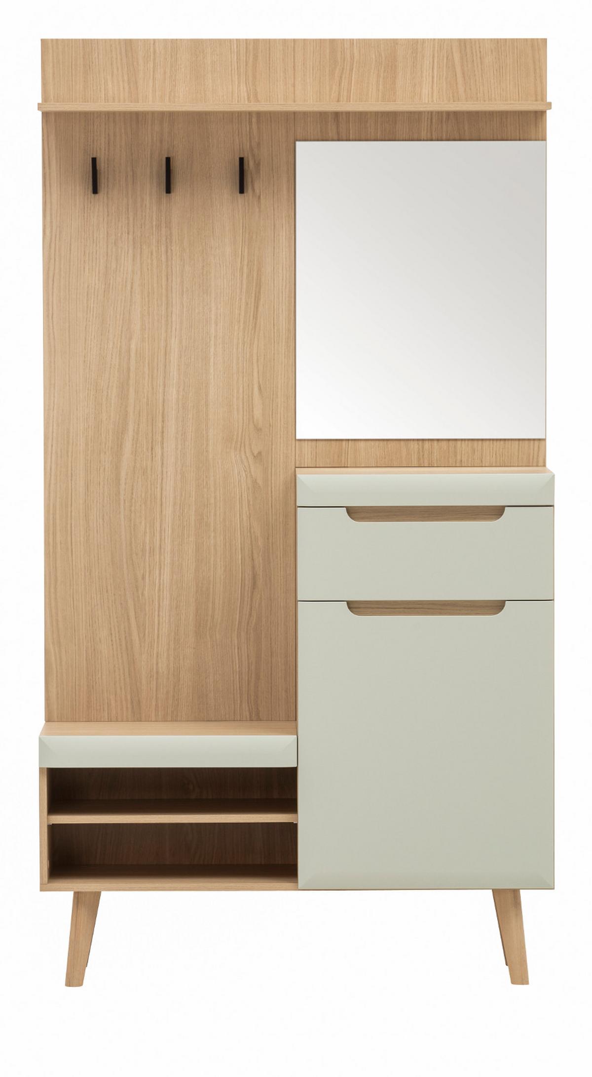 GARDEROBEN-SET Pistazie matt, Scandi Eiche, Kompaktgarderobe skandinavisch 110 x 197 cm - Eichefarben/Pastellgrün, Glas/Holz (107/197/34cm) - Furn.Design